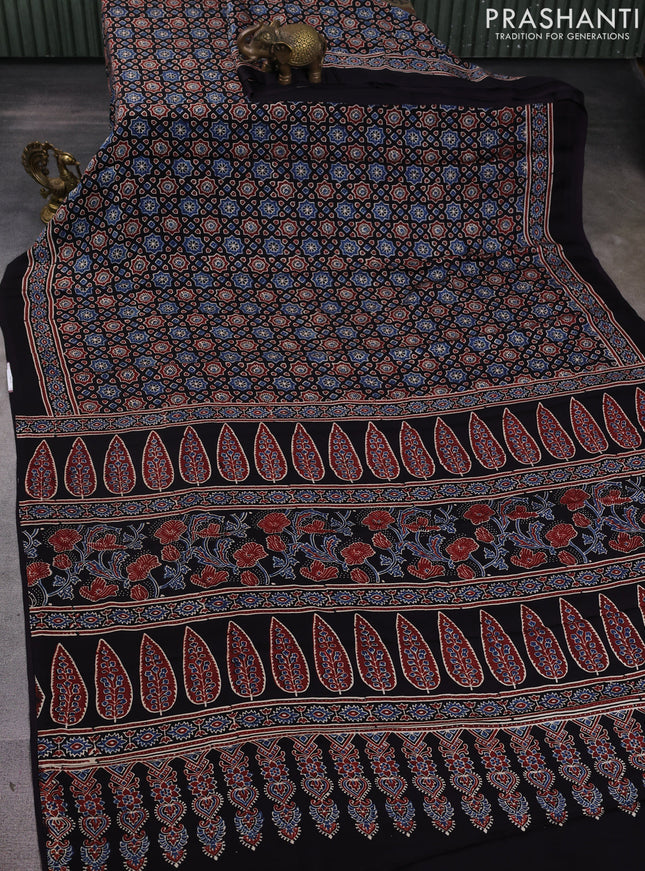 Modal silk saree black with allover ajrakh prints and printed border