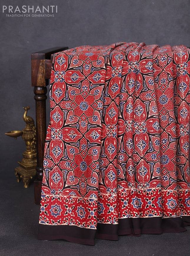 Modal silk saree maroon and coffee brown with allover ajrakh prints and printed border