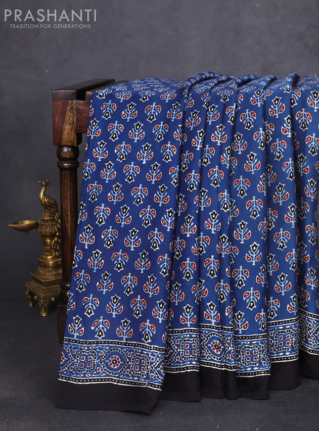 Modal silk saree indigo blue and black with allover ajrakh butta prints and printed border