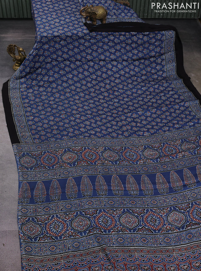 Modal silk saree indigo blue and black with allover ajrakh butta prints and printed border