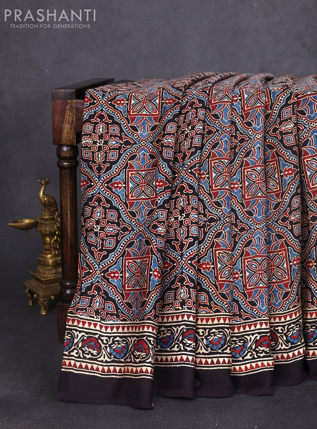 Modal silk saree black and beige with allover ajrakh prints and printed border