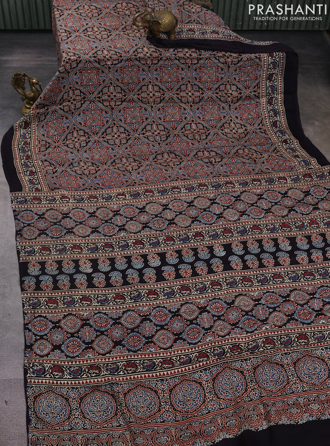 Modal silk saree black and beige with allover ajrakh prints and printed border