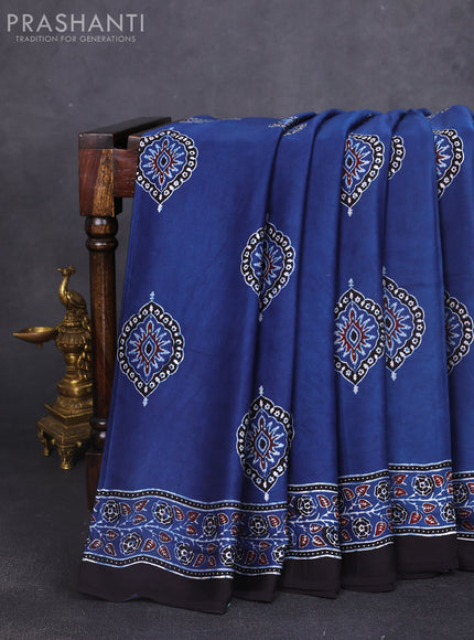 Modal silk saree indigo blue and black with allover ajrakh butta prints and printed border