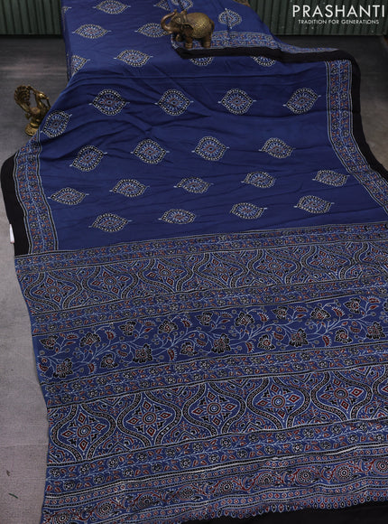 Modal silk saree indigo blue and black with allover ajrakh butta prints and printed border