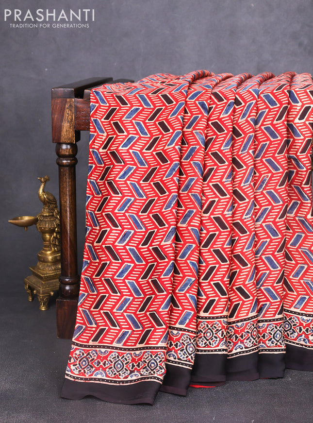 Modal silk saree maroon and black with allover ajrakh prints and printed border