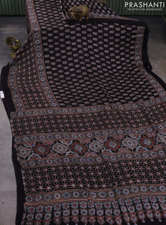 Modal silk saree black with allover ajrakh butta prints and printed border