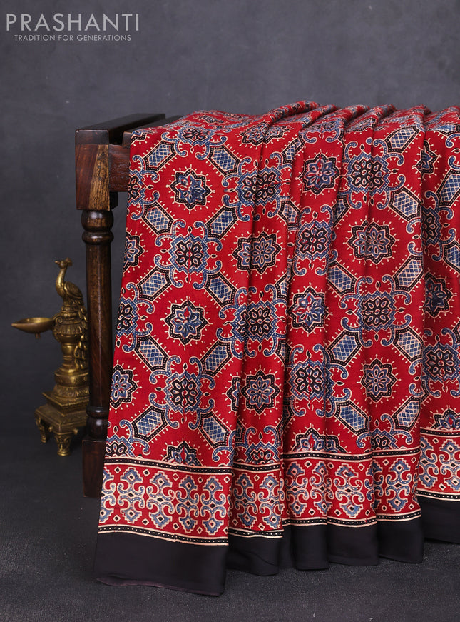 Modal silk saree maroon and black with allover ajrakh prints and printed border
