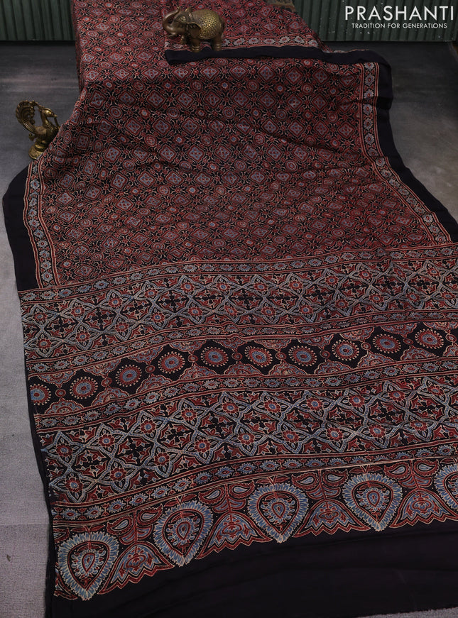 Modal silk saree black with allover ajrakh prints and printed border