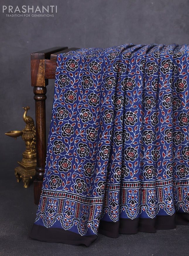 Modal silk saree indigo blue and black with allover ajrakh prints and printed border