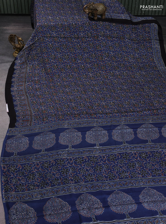 Modal silk saree indigo blue and black with allover ajrakh prints and printed border