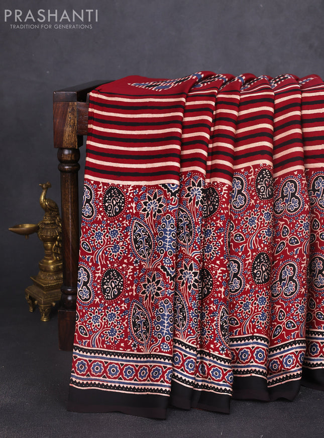 Modal silk saree maroon and black with allover ajrakh butta prints and printed border