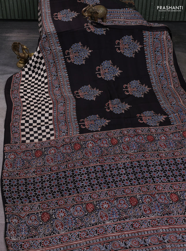 Modal silk saree black and cream with allover ajrakh butta prints and long printed border