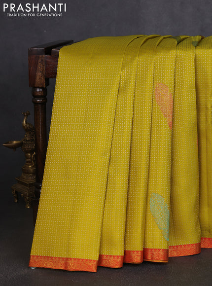 Pure kanchipuram silk saree lime yellow and orange with allover zari woven brocade weaves and zari woven border