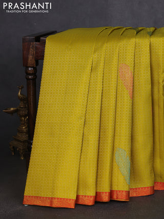 Pure kanchipuram silk saree lime yellow and orange with allover zari woven brocade weaves and zari woven border