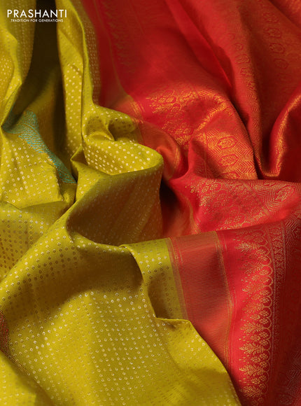 Pure kanchipuram silk saree lime yellow and orange with allover zari woven brocade weaves and zari woven border