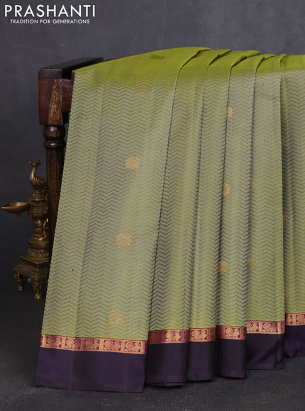 Pure kanchipuram silk saree mehendi green and jamun shade with allover self emboss & zari buttas and zari woven self emboss border