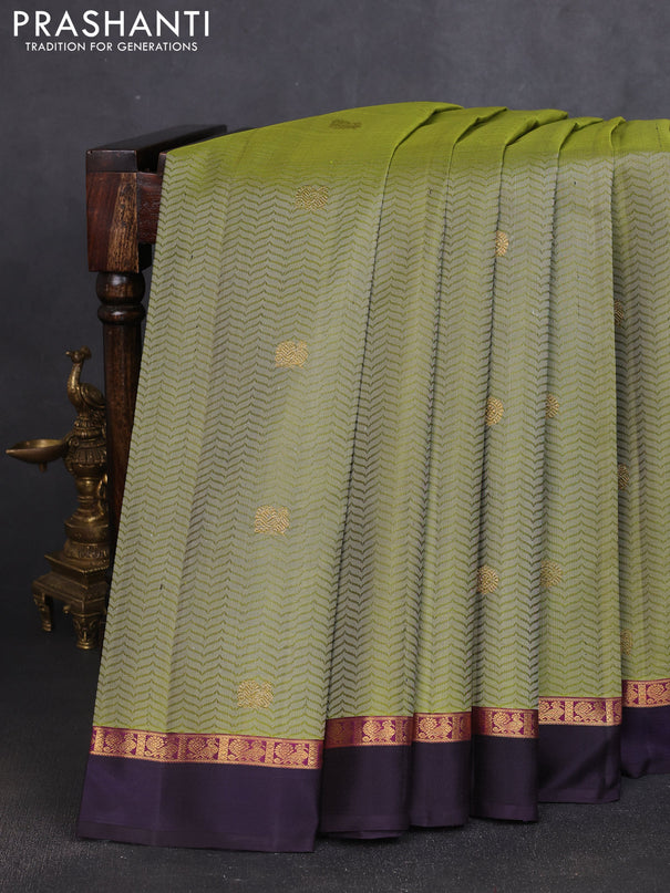 Pure kanchipuram silk saree mehendi green and jamun shade with allover self emboss & zari buttas and zari woven self emboss border