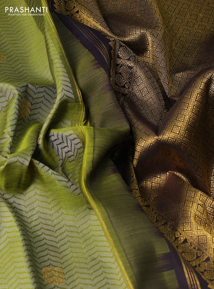 Pure kanchipuram silk saree mehendi green and jamun shade with allover self emboss & zari buttas and zari woven self emboss border