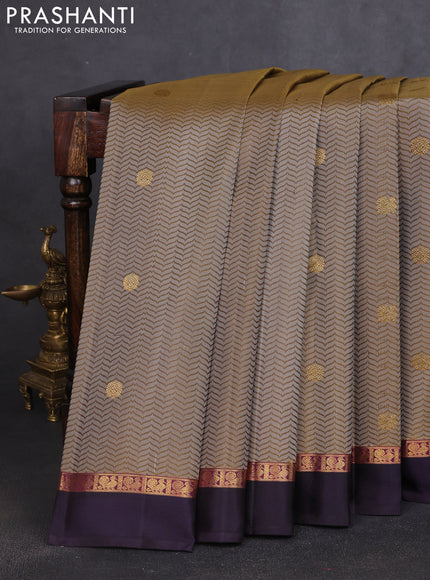 Pure kanchipuram silk saree olive green and jamun shade with allover self emboss & zari buttas and zari woven self emboss border