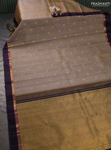 Pure kanchipuram silk saree olive green and jamun shade with allover self emboss & zari buttas and zari woven self emboss border
