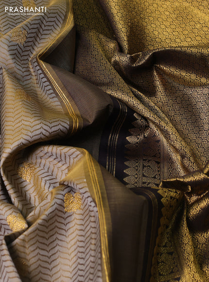 Pure kanchipuram silk saree olive green and jamun shade with allover self emboss & zari buttas and zari woven self emboss border