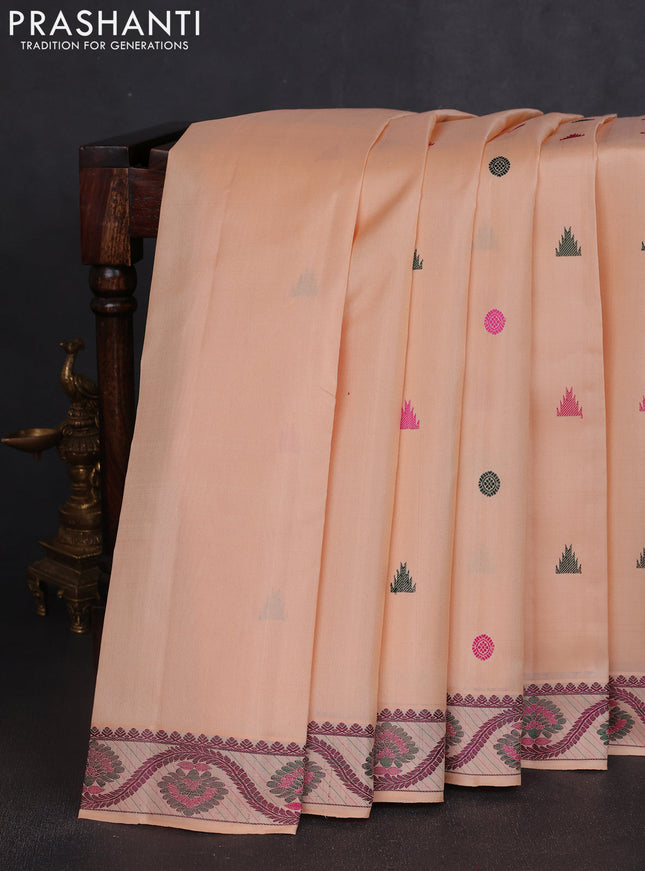 Pure kanchipuram silk saree pale orange with thread woven buttas and thread woven border
