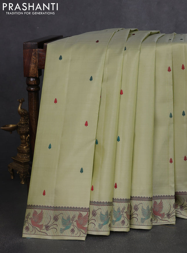 Pure kanchipuram silk saree pista green with thread woven buttas and thread woven border