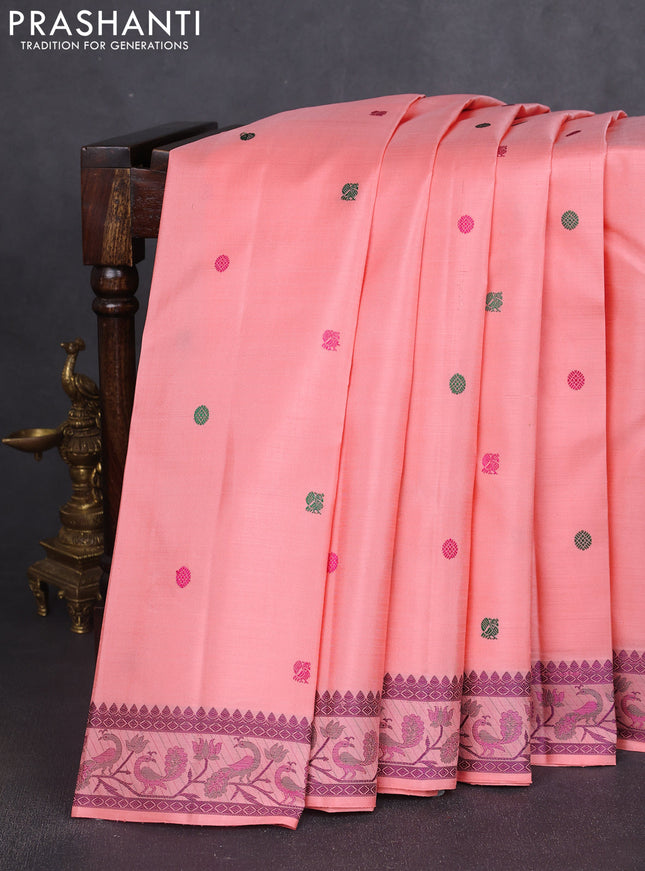 Pure kanchipuram silk saree peach shade with annam & rudhraksha thread woven buttas and peacock thread woven border