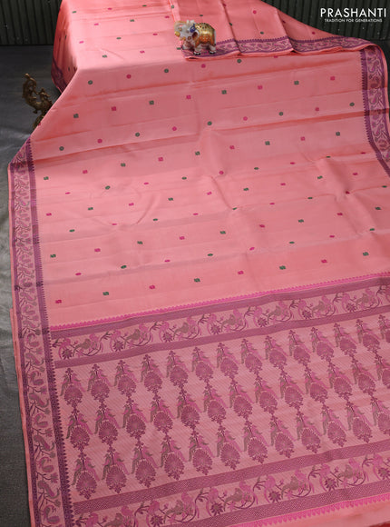 Pure kanchipuram silk saree peach shade with annam & rudhraksha thread woven buttas and peacock thread woven border