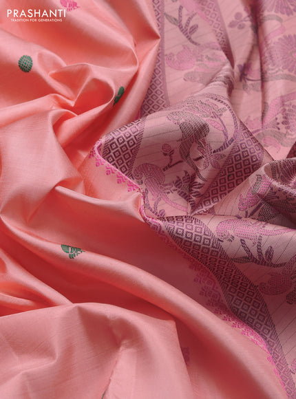 Pure kanchipuram silk saree peach shade with annam & rudhraksha thread woven buttas and peacock thread woven border