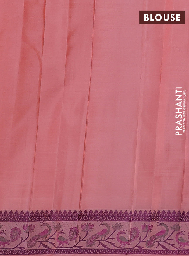 Pure kanchipuram silk saree peach shade with annam & rudhraksha thread woven buttas and peacock thread woven border