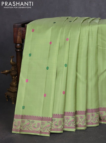 Pure kanchipuram silk saree pista green with annam & rudhraksha thread woven buttas and peacock thread woven border