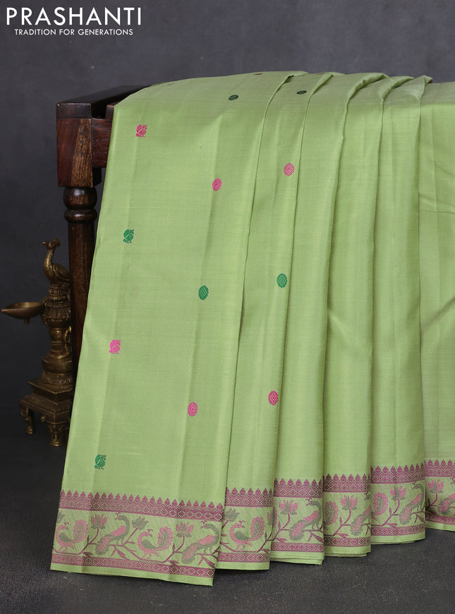 Pure kanchipuram silk saree pista green with annam & rudhraksha thread woven buttas and peacock thread woven border
