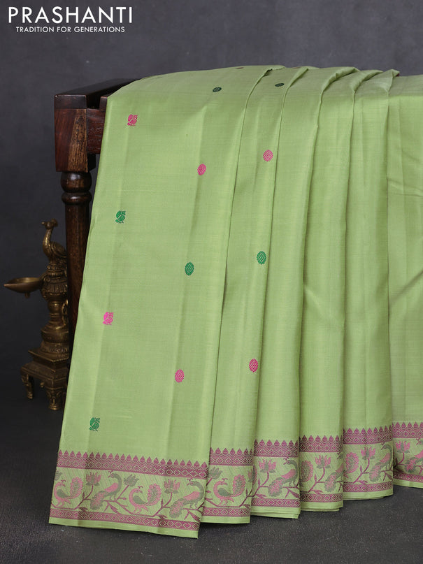 Pure kanchipuram silk saree pista green with annam & rudhraksha thread woven buttas and peacock thread woven border