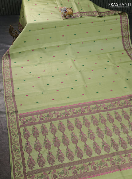 Pure kanchipuram silk saree pista green with annam & rudhraksha thread woven buttas and peacock thread woven border