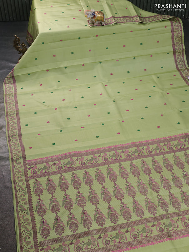 Pure kanchipuram silk saree pista green with annam & rudhraksha thread woven buttas and peacock thread woven border