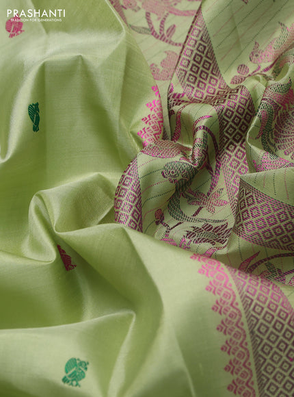 Pure kanchipuram silk saree pista green with annam & rudhraksha thread woven buttas and peacock thread woven border