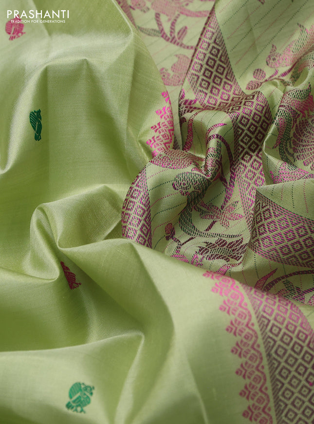 Pure kanchipuram silk saree pista green with annam & rudhraksha thread woven buttas and peacock thread woven border