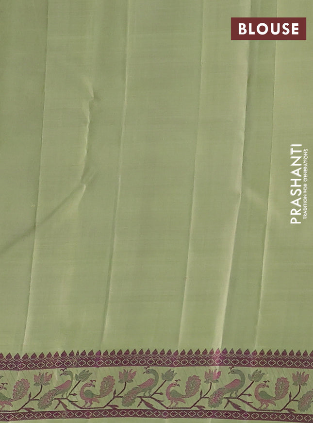 Pure kanchipuram silk saree pista green with annam & rudhraksha thread woven buttas and peacock thread woven border