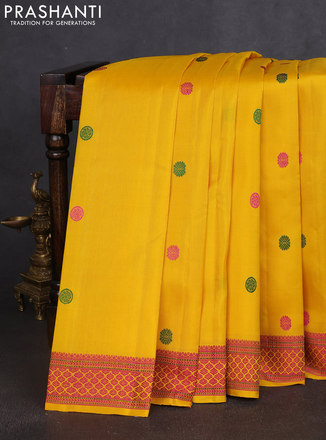 Pure kanchipuram silk saree yellow with thread woven buttas and thread woven border