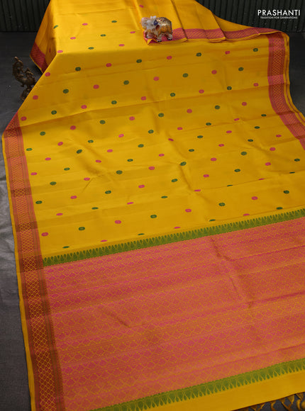 Pure kanchipuram silk saree yellow with thread woven buttas and thread woven border