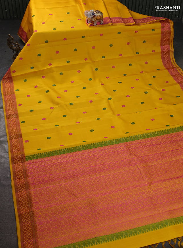 Pure kanchipuram silk saree yellow with thread woven buttas and thread woven border