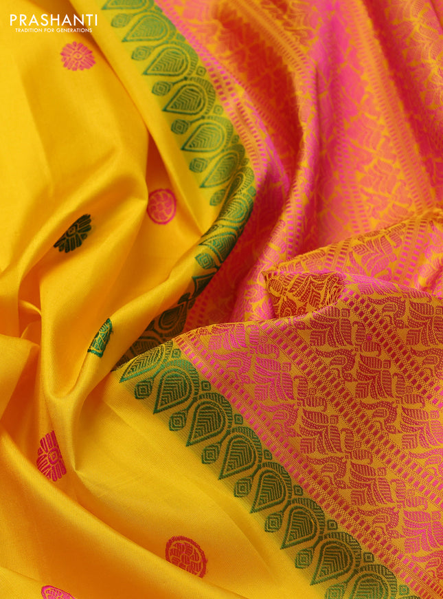 Pure kanchipuram silk saree yellow with thread woven buttas and thread woven border
