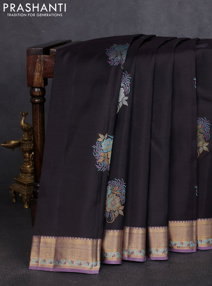 Pure kanchipuram silk saree coffee brown and lavender with thread & zari woven buttas and rich zari woven border