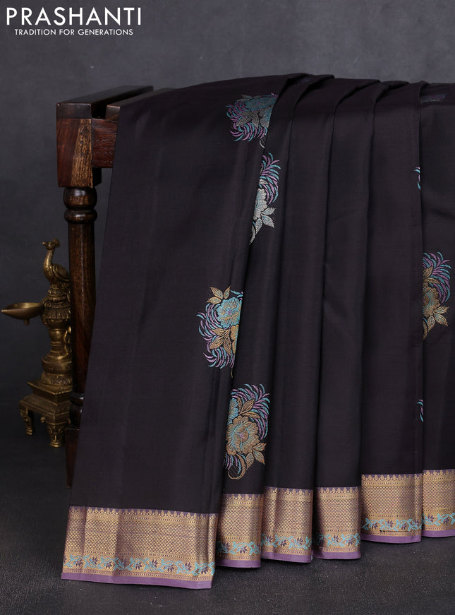 Pure kanchipuram silk saree coffee brown and lavender with thread & zari woven buttas and rich zari woven border