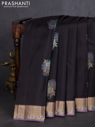 Pure kanchipuram silk saree coffee brown and lavender with thread & zari woven buttas and rich zari woven border