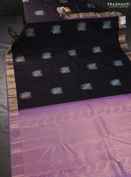 Pure kanchipuram silk saree coffee brown and lavender with thread & zari woven buttas and rich zari woven border