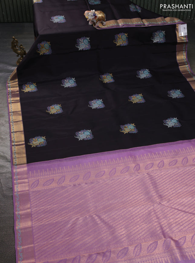 Pure kanchipuram silk saree coffee brown and lavender with thread & zari woven buttas and rich zari woven border