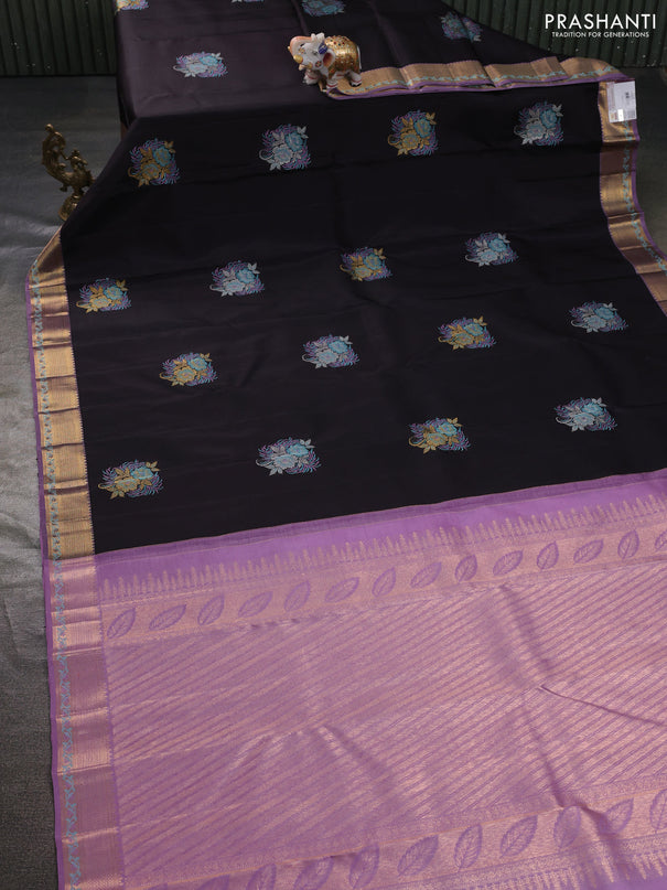 Pure kanchipuram silk saree coffee brown and lavender with thread & zari woven buttas and rich zari woven border