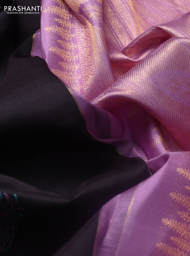 Pure kanchipuram silk saree coffee brown and lavender with thread & zari woven buttas and rich zari woven border